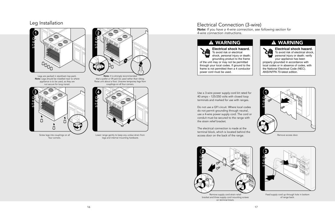 Viking F20533 EN manual Leg Installation Electrical Connection 3-wire, Not secure for long transit 