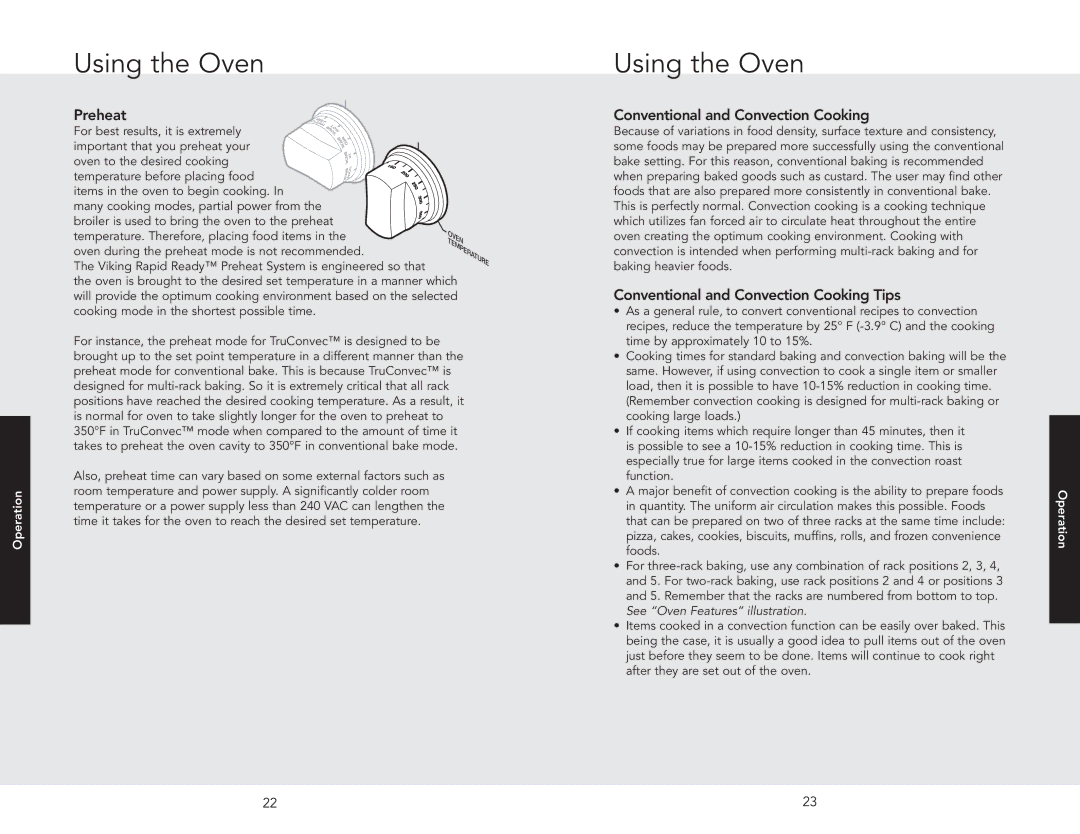 Viking F20537 manual Using the Oven, Conventional and Convection Cooking Tips 