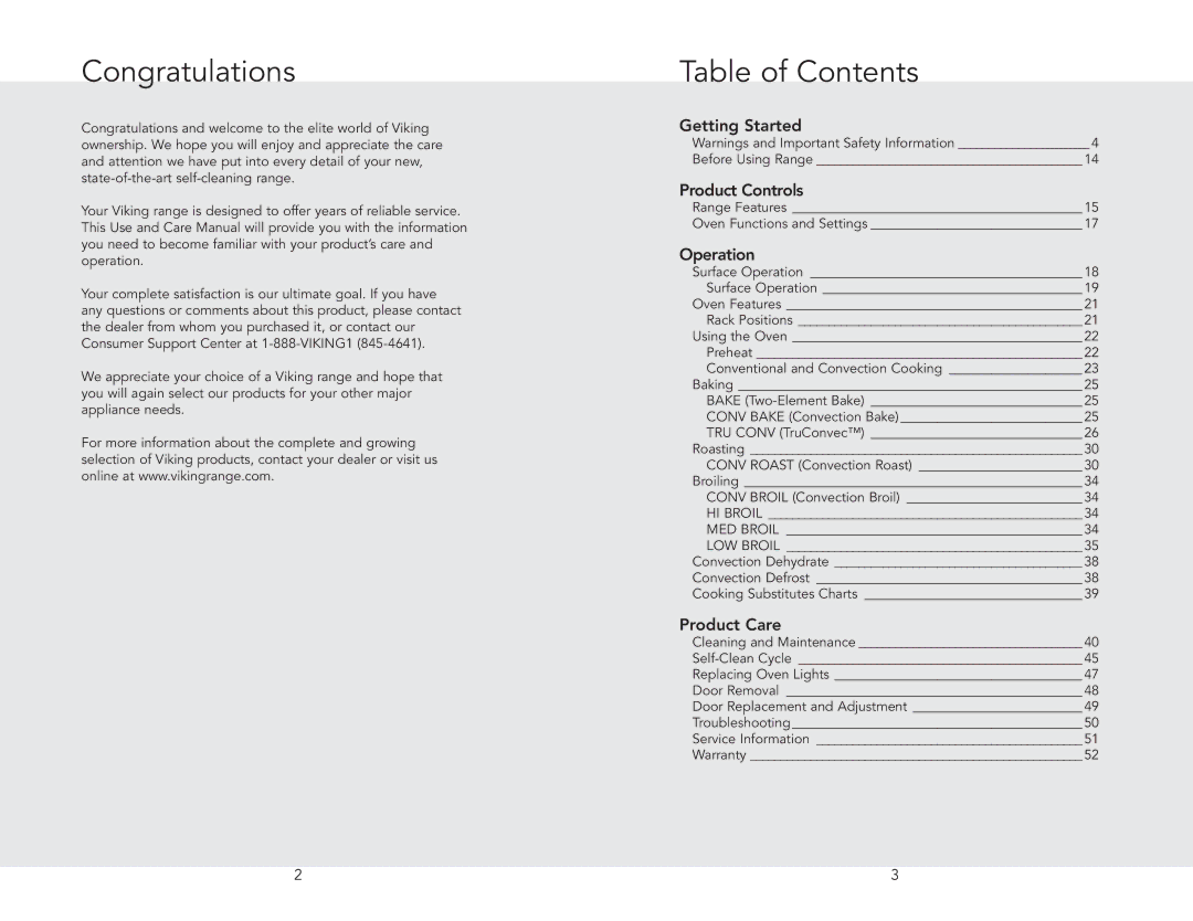 Viking F20537 manual Congratulations, Table of Contents 