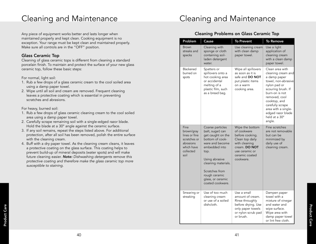 Viking F20537 manual Cleaning and Maintenance, Cleaning Problems on Glass Ceramic Top, Product Care 