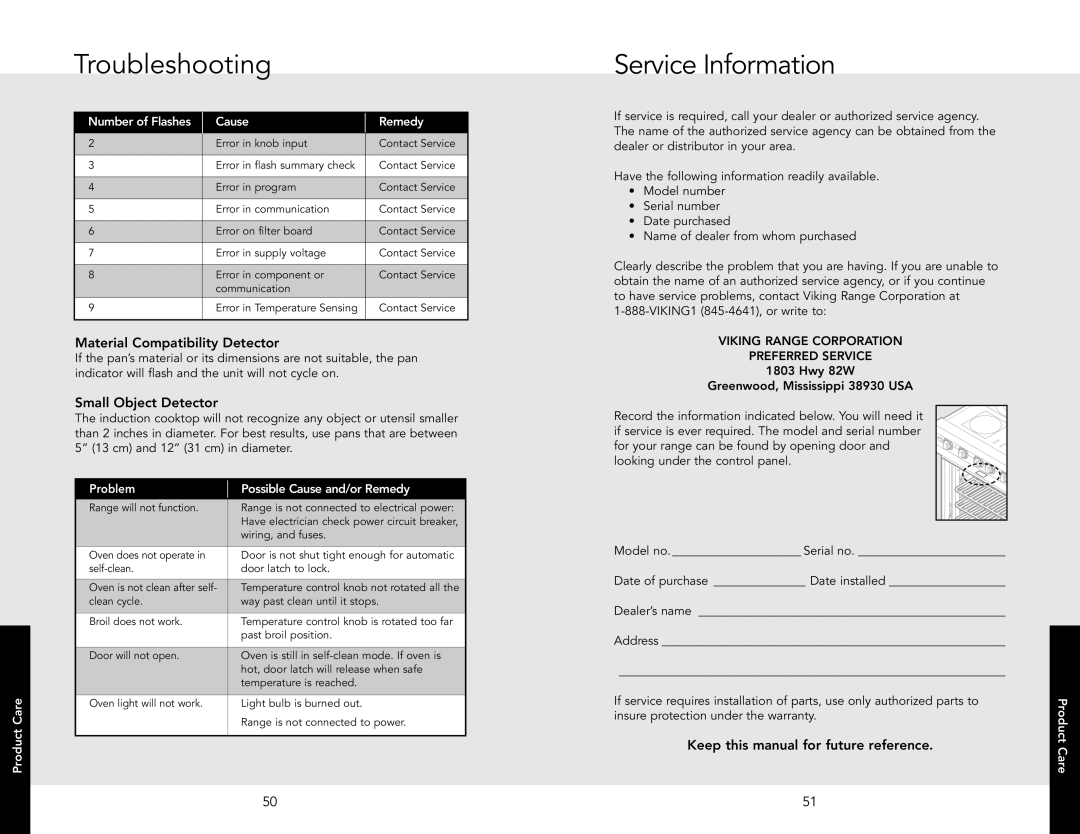 Viking F20537 manual Troubleshooting, Service Information 