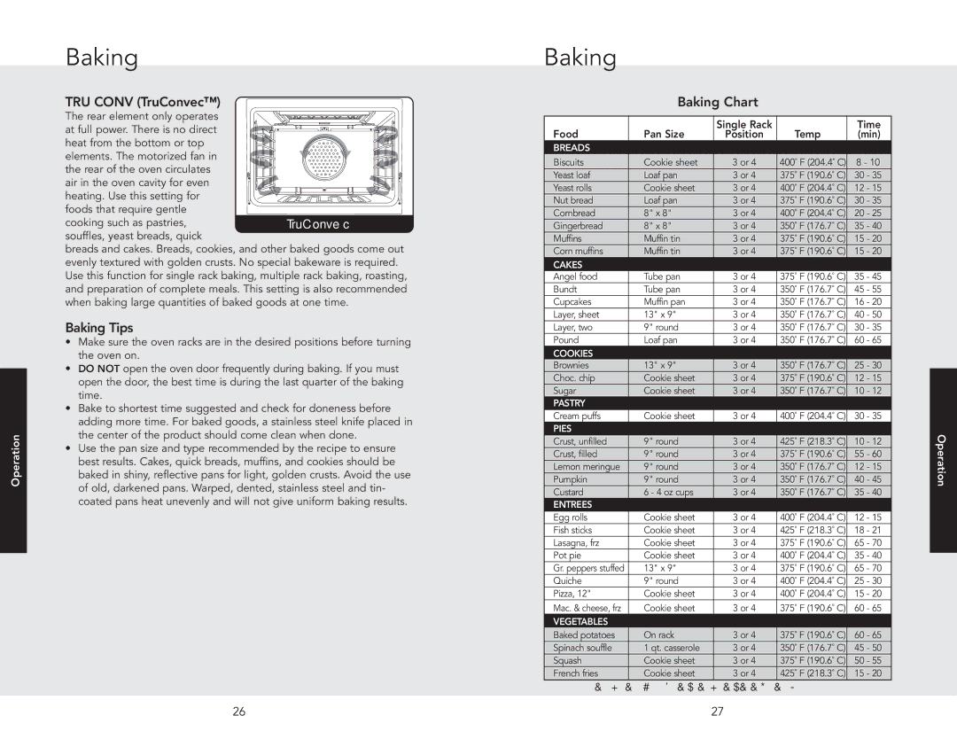 Viking F20537B EN manual Baking Tips, Baking Chart, Souffles, yeast breads, quick, Food Pan Size Single Rack Temp Time 