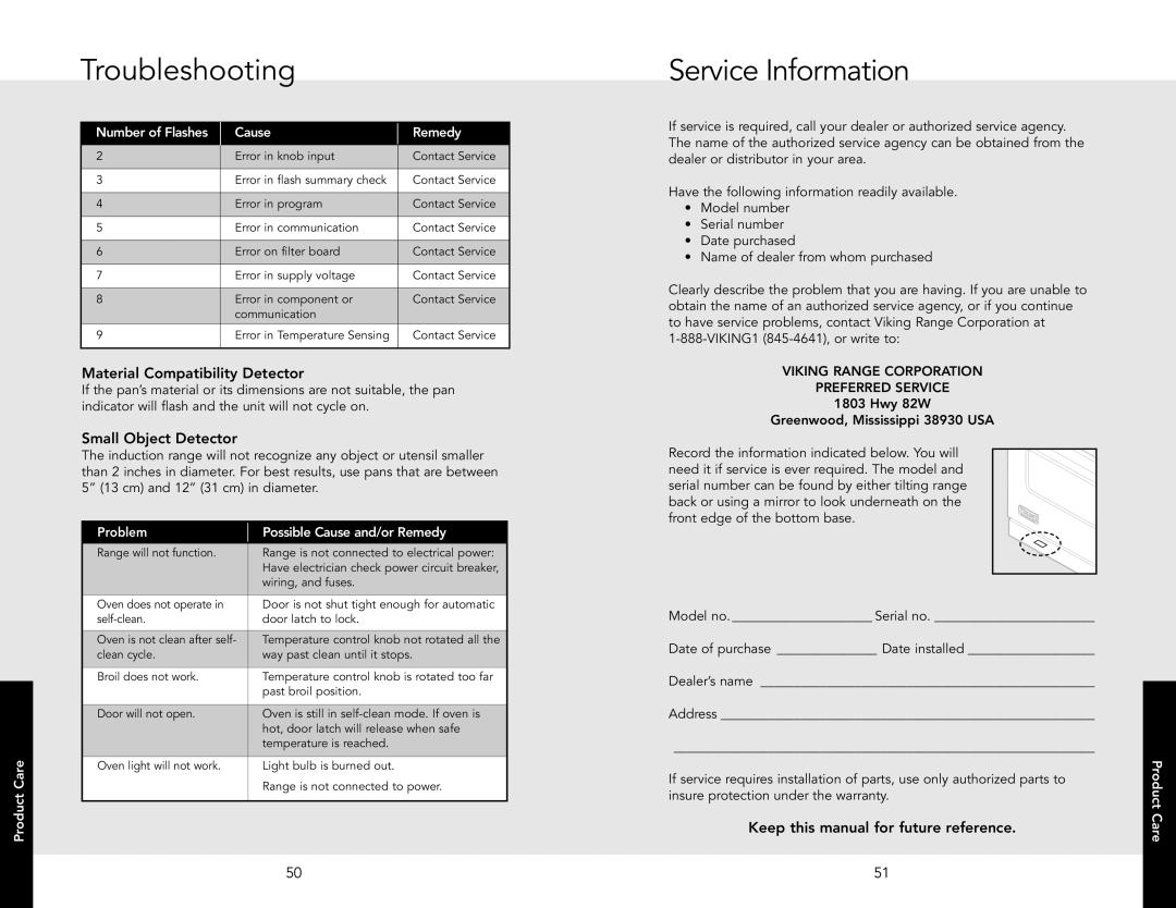 Viking F20537B EN manual Troubleshooting, Service Information, Number of Flashes Cause Remedy, Product 