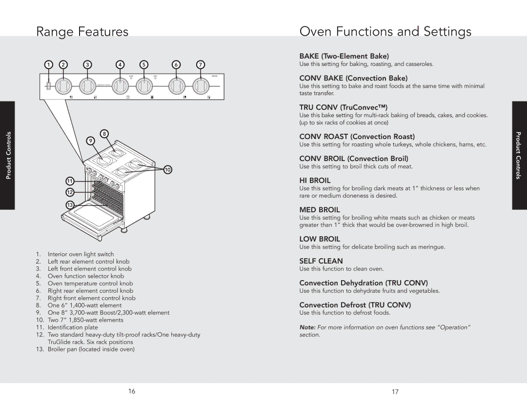 Viking F20537B EN manual Range Features, Oven Functions and Settings 