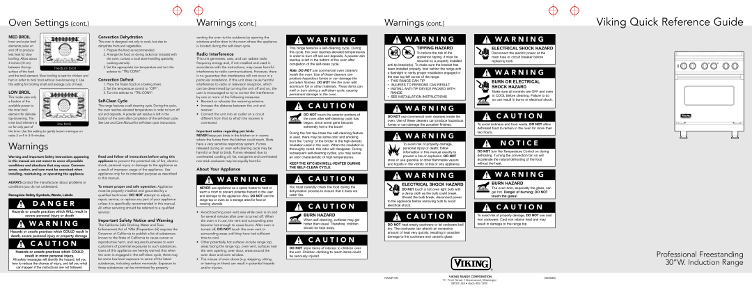 Viking F20539 EN manual Oven Settings cont, Warnings cont, Viking Quick Reference Guide 