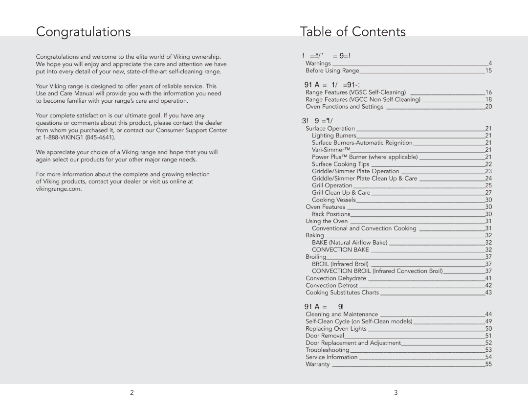 Viking F20542B manual Congratulations, Table of Contents 