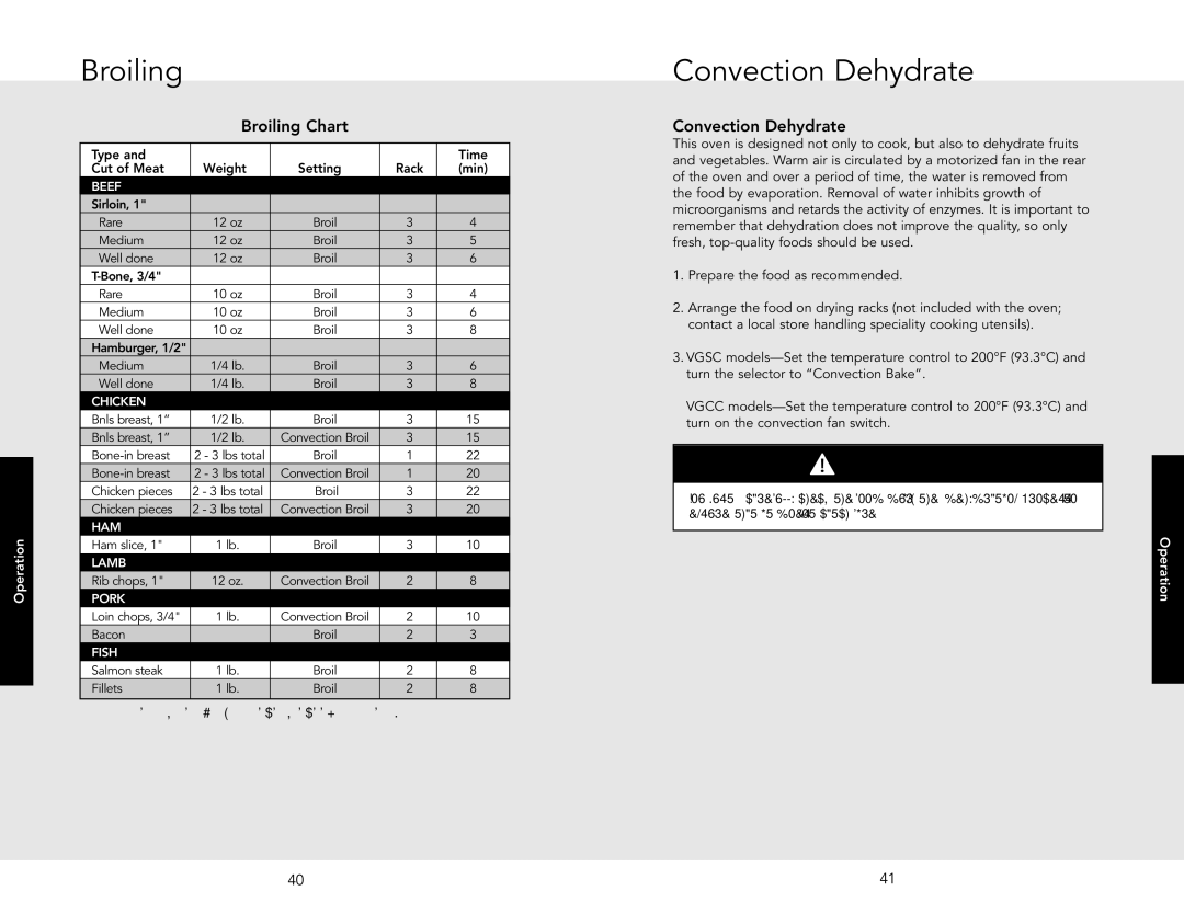 Viking F20542B manual Convection Dehydrate, Broiling Chart 