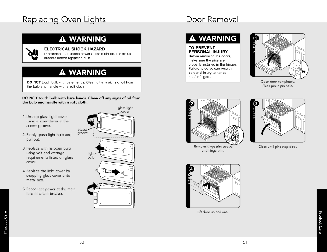 Viking F20542B manual Replacing Oven Lights, Door Removal 