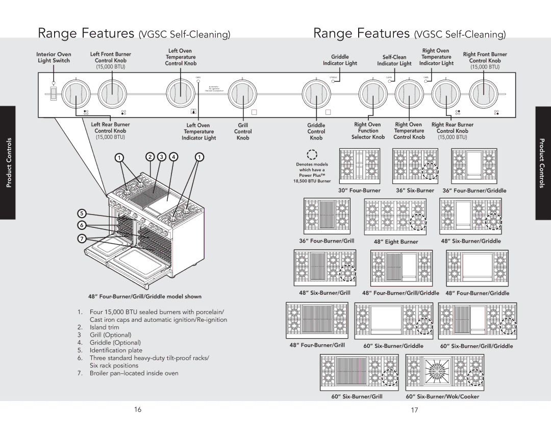 Viking F20542B manual Range Features Vgsc Self-Cleaning, Product Controls 