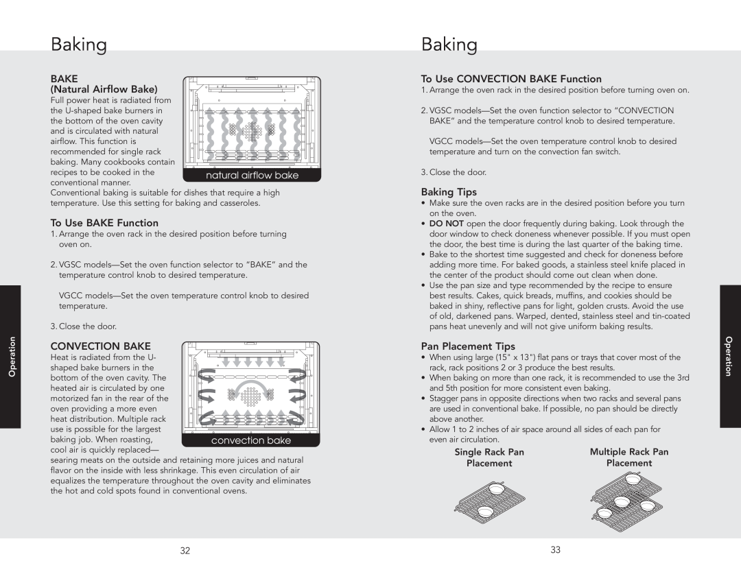 Viking F20542B To Use BAKE Function, To Use CONVECTION BAKE Function, Baking Tips, Pan Placement Tips, Single Rack Pan 