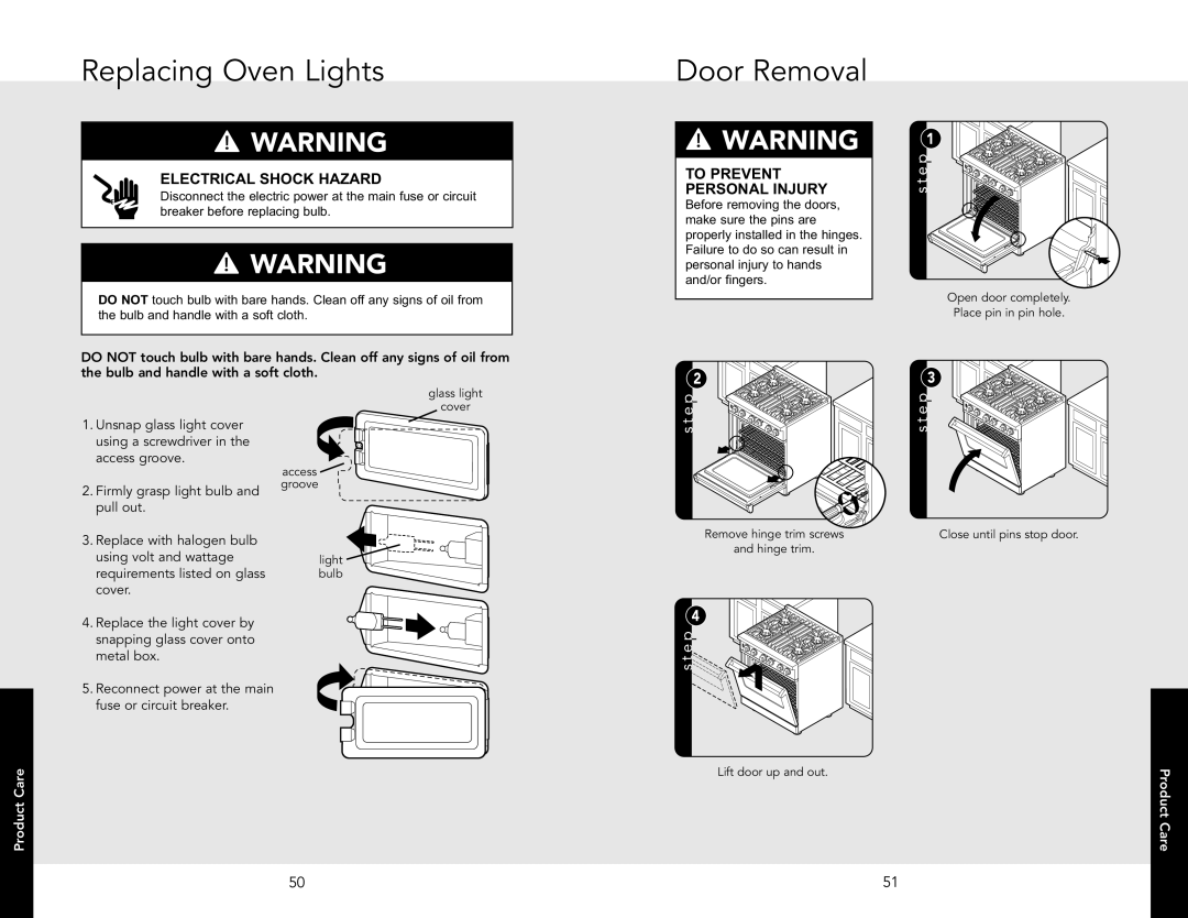 Viking F20542B manual Replacing Oven Lights, Door Removal, To Prevent, Personal Injury, Electrical Shock Hazard 