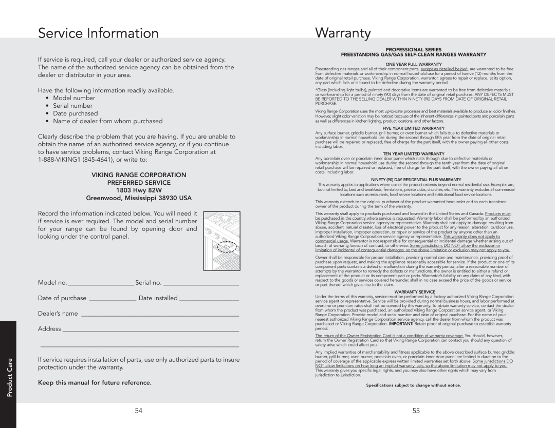 Viking F20542B manual Service Information, Warranty 