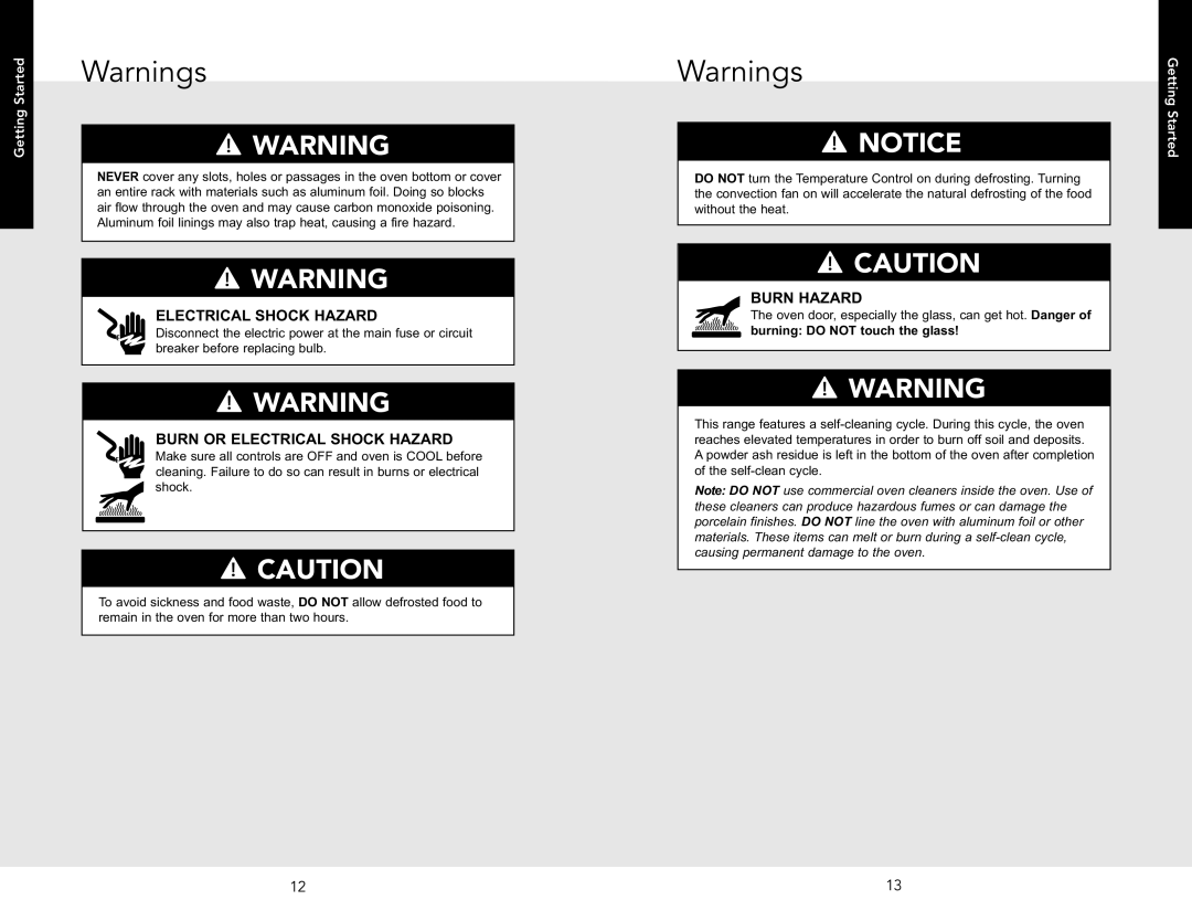 Viking F20542B manual Warnings, Electrical Shock Hazard, burning DO NOT touch the glass 