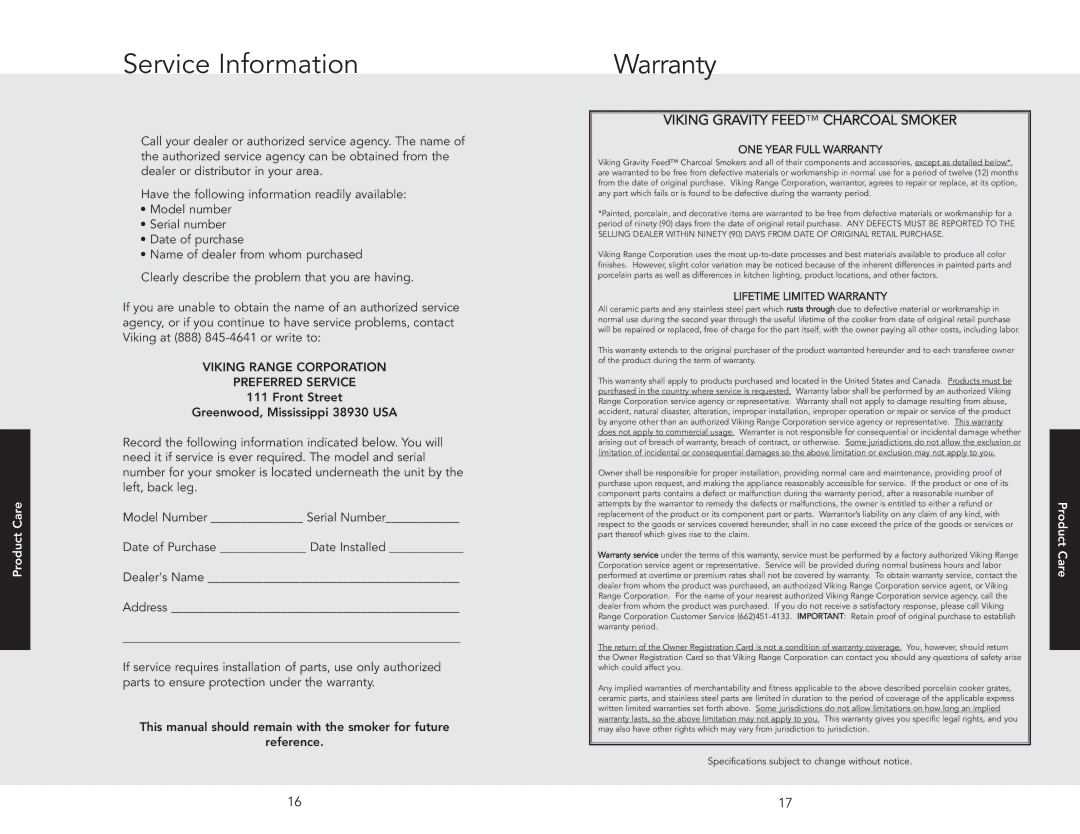 Viking F20556 manual Service Information, Warranty 