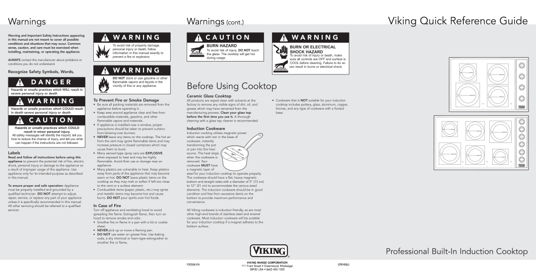 Viking F20558 Warnings cont, Before Using Cooktop, W A Rning, Cau Tion, W Arning, Dang Er, Warni Ng, C Auti On, Labels 