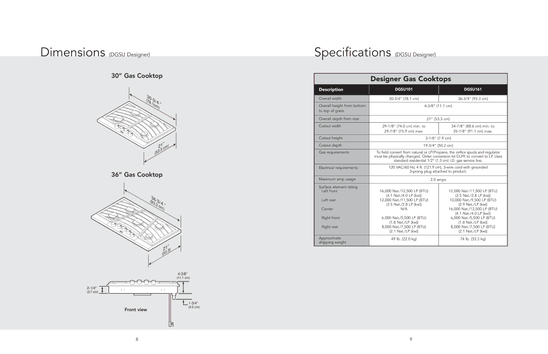 Viking F20562D manual Specifications Dgsu Designer, Designer Gas Cooktops 