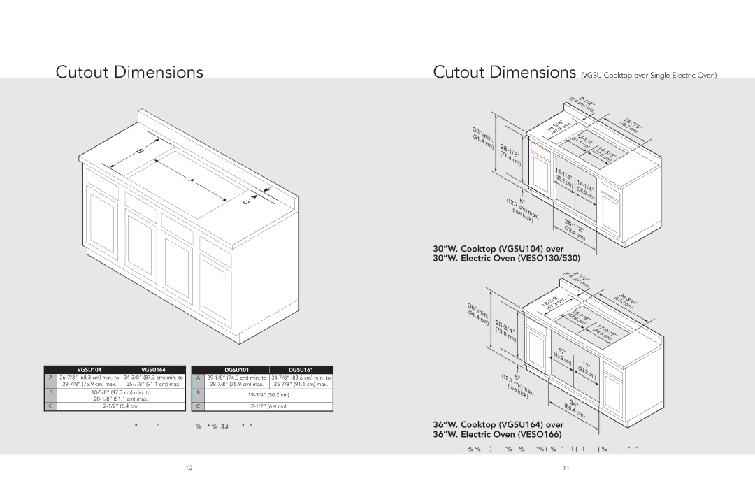 Viking F20562D manual Cutout Dimensions, 30W. Cooktop VGSU104 over 30W. Electric Oven VESO130/530 