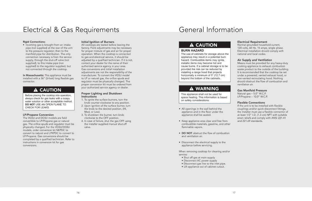 Viking F20562D manual Electrical & Gas Requirements General Information, Initial Ignition of Burners 