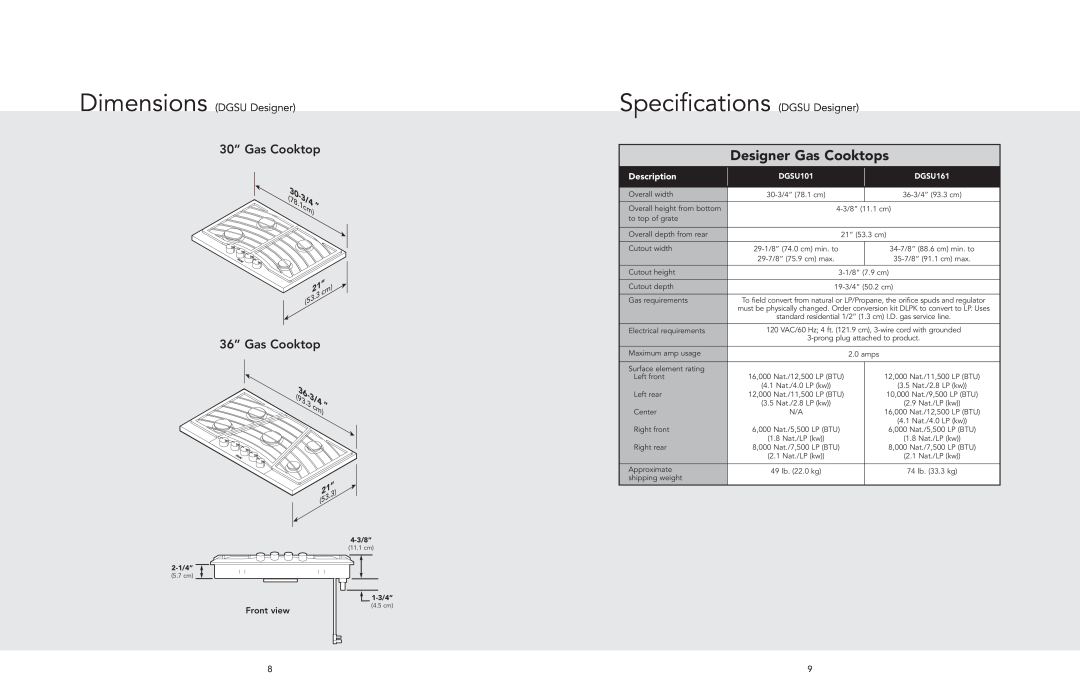 Viking F20562D Specifications DGSU Designer, Designer Gas Cooktops, Dimensions DGSU Designer, 30” Gas Cooktop, Description 