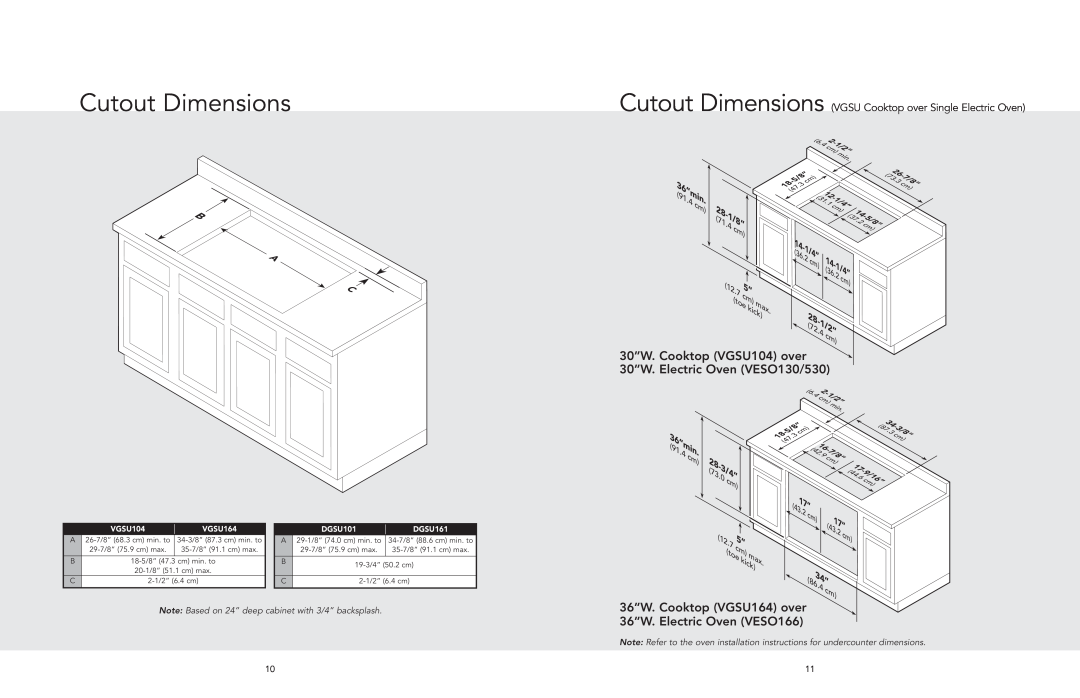 Viking F20562D manual Cutout Dimensions, 30”W. Cooktop VGSU104 over 30”W. Electric Oven VESO130/530 