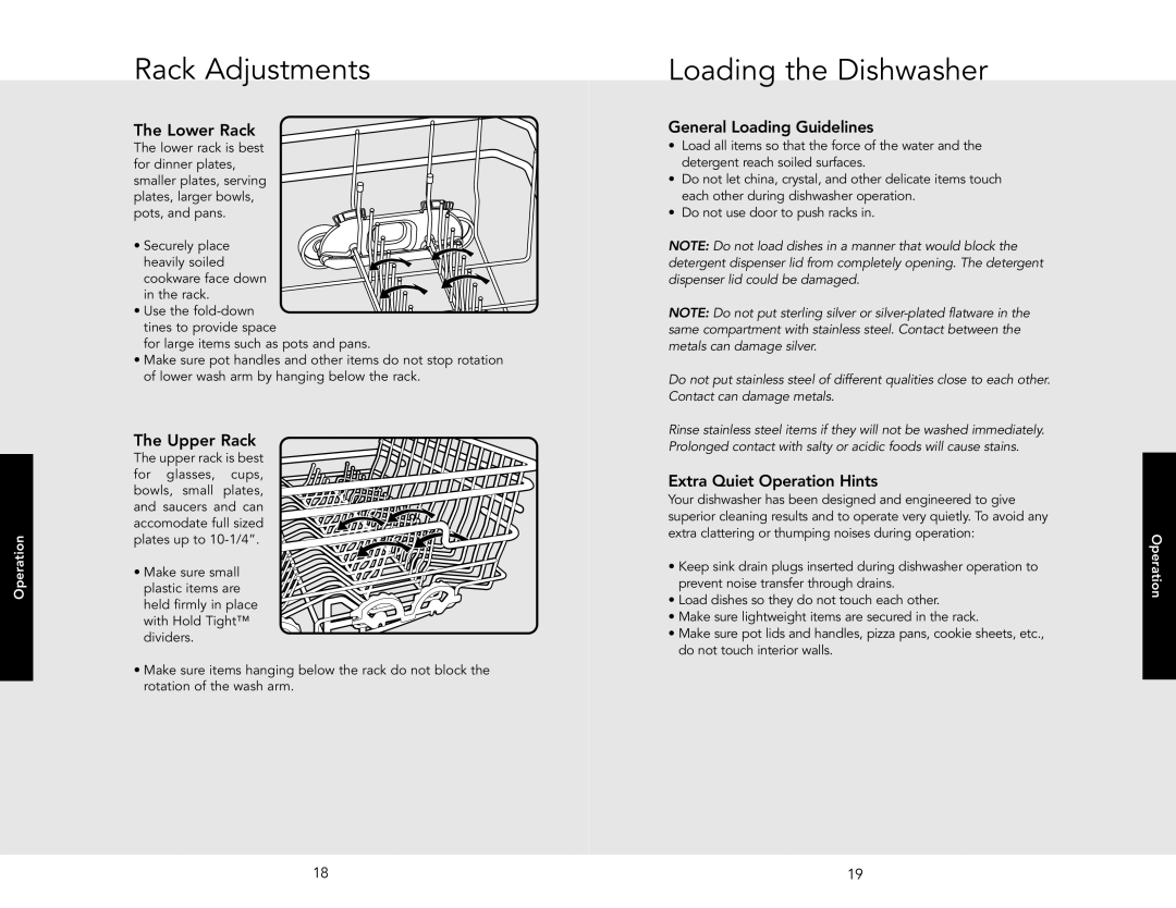 Viking F20631E manual Rack Adjustments, Loading the Dishwasher 