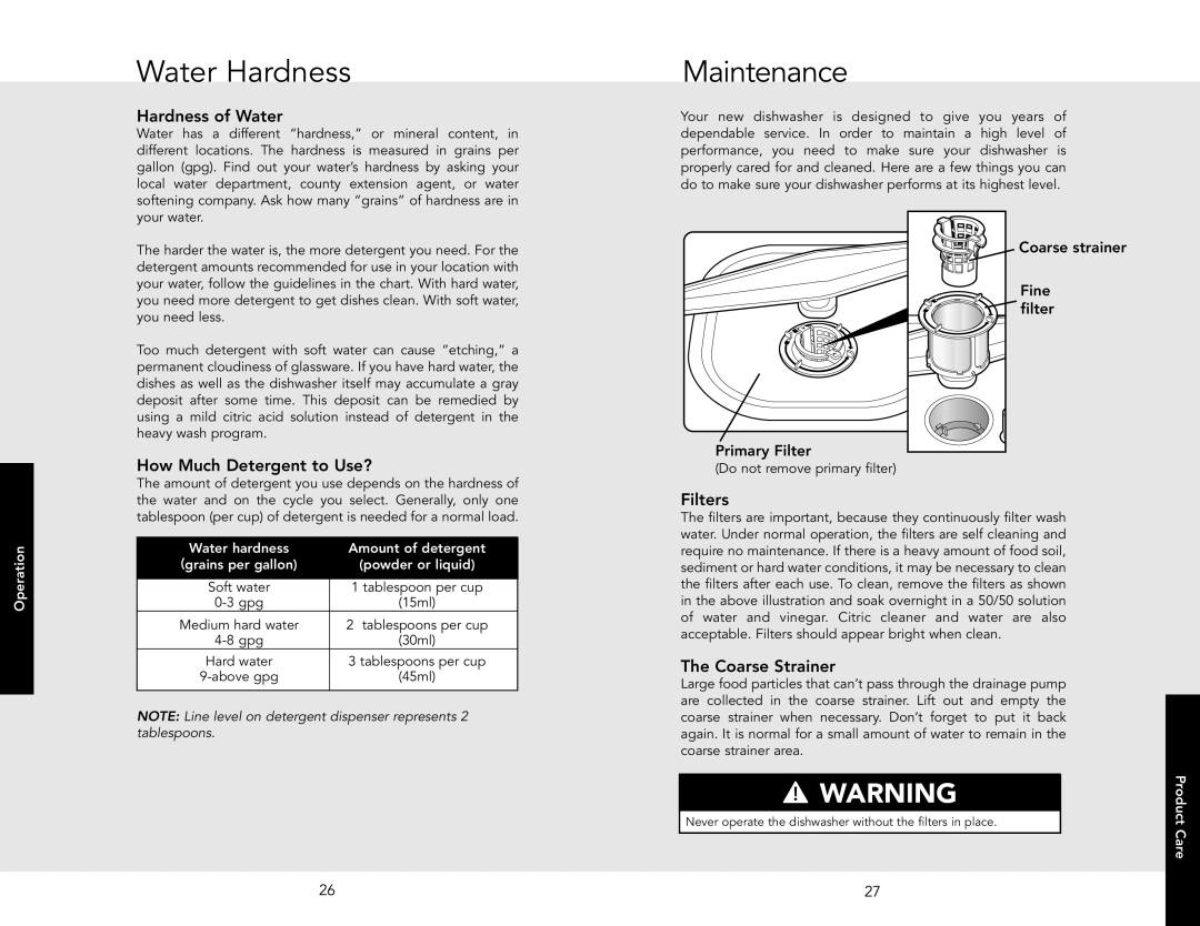 Viking F20631E manual Water Hardness, Maintenance 