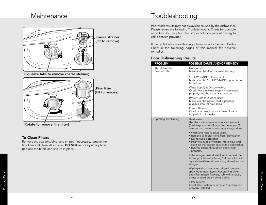 Viking F20631E manual Maintenance Troubleshooting, Poor Dishwashing Results, To Clean Filters 