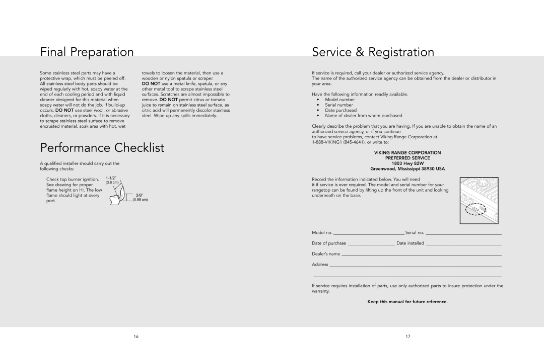 Viking F20637D manual Final Preparation Service & Registration, Performance Checklist 