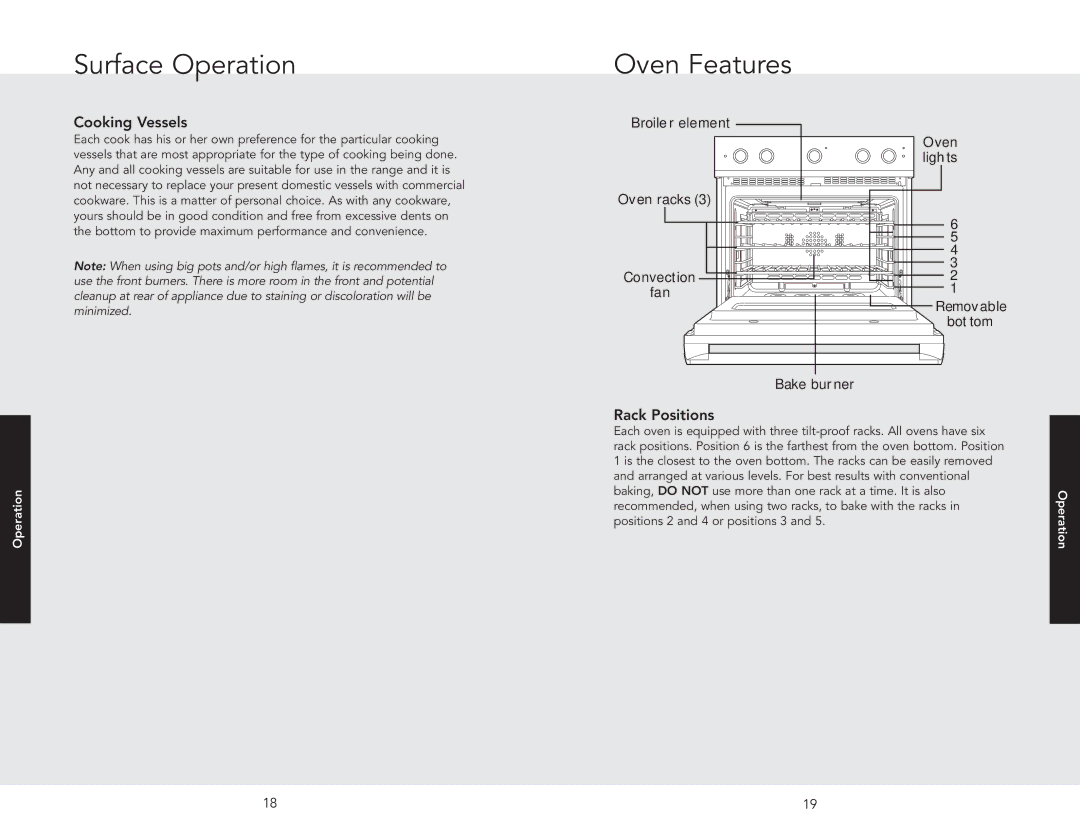 Viking F20642 EN, DCCG1304BSS, DCCG1304BIB, DCCG13014BIB, 062509J manual Oven Features, Cooking Vessels, Rack Positions 