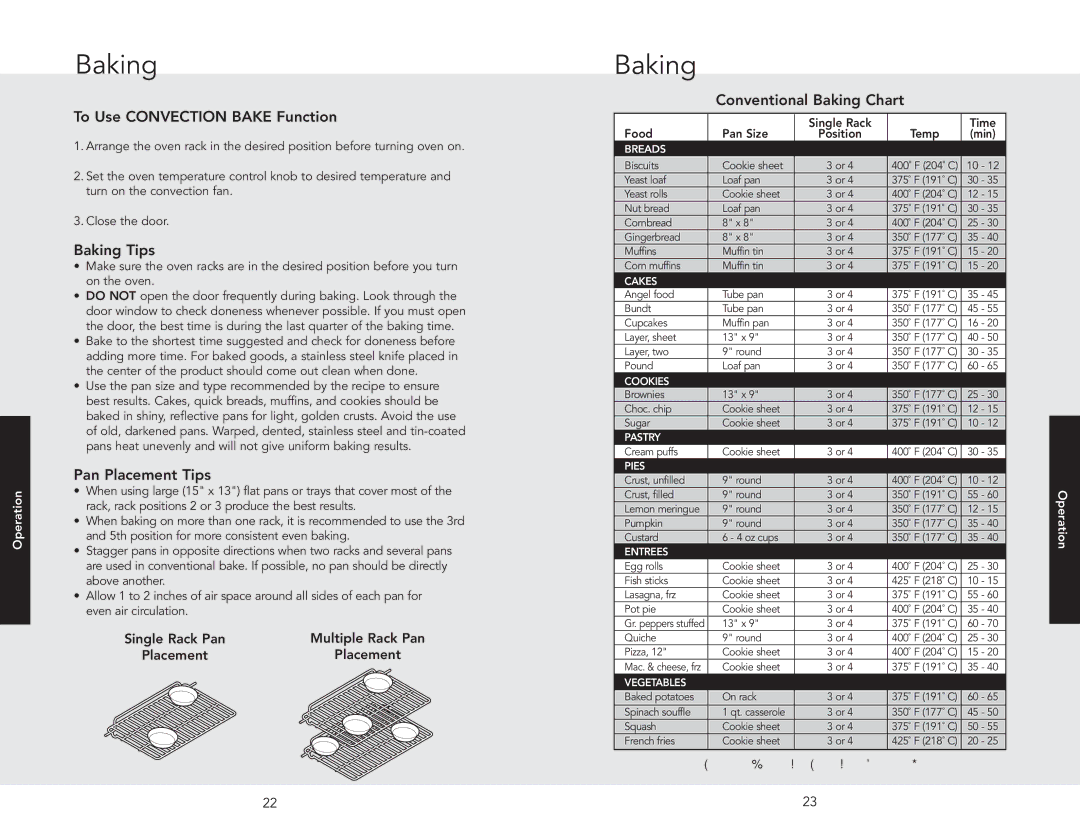 Viking F20642 EN, DCCG130 To Use Convection Bake Function, Baking Tips, Pan Placement Tips, Conventional Baking Chart 