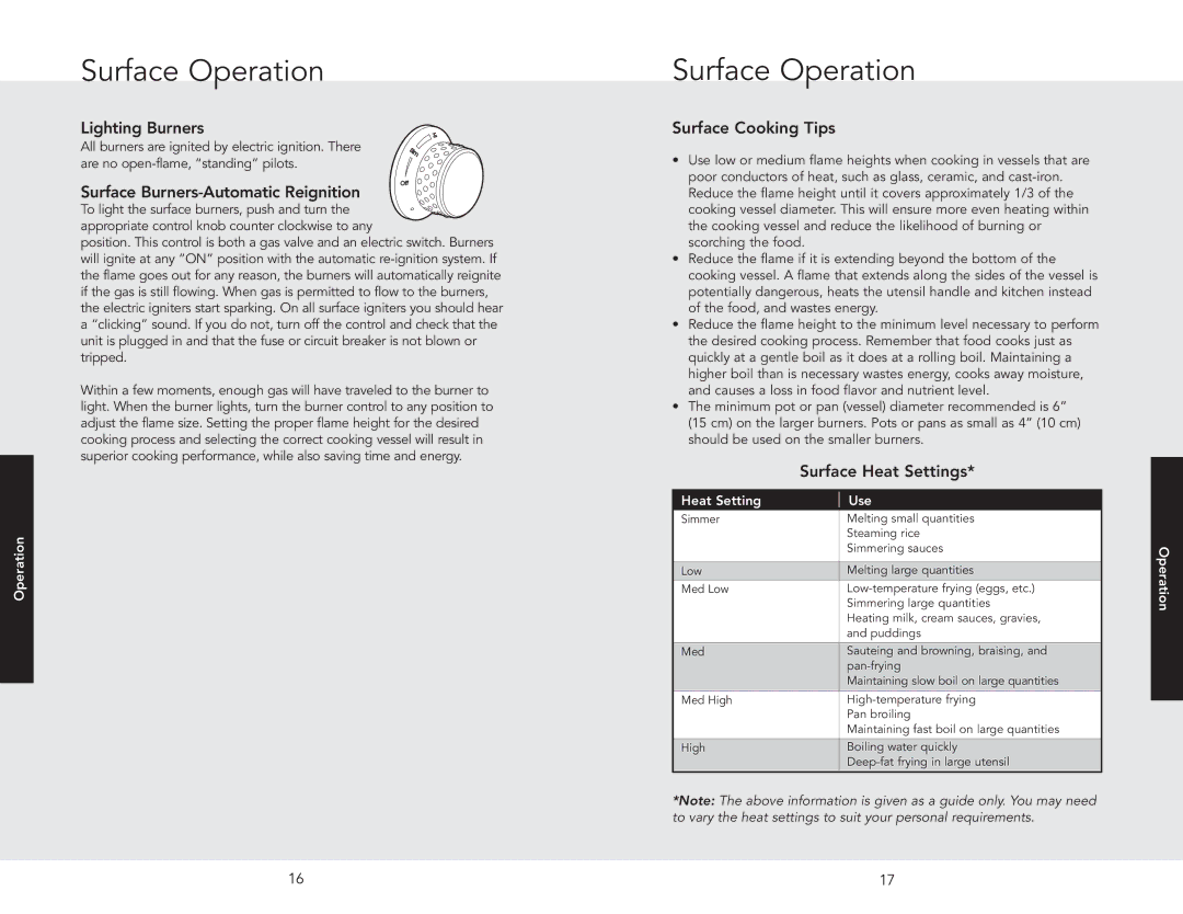 Viking DCCG13014BIB, F20642 EN, 062509J Surface Operation, Lighting Burners, Surface Cooking Tips, Surface Heat Settings 