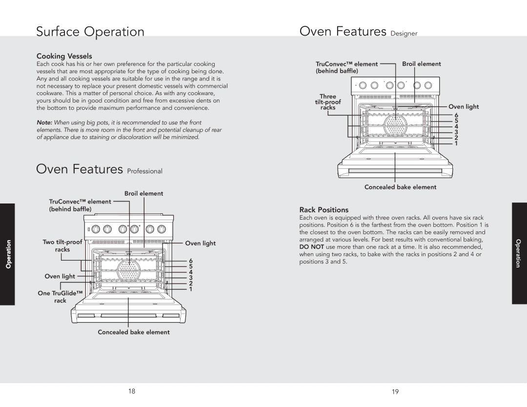 Viking F20654 manual Oven Features Professional, Oven Features Designer, Cooking Vessels, Rack Positions, Operation 