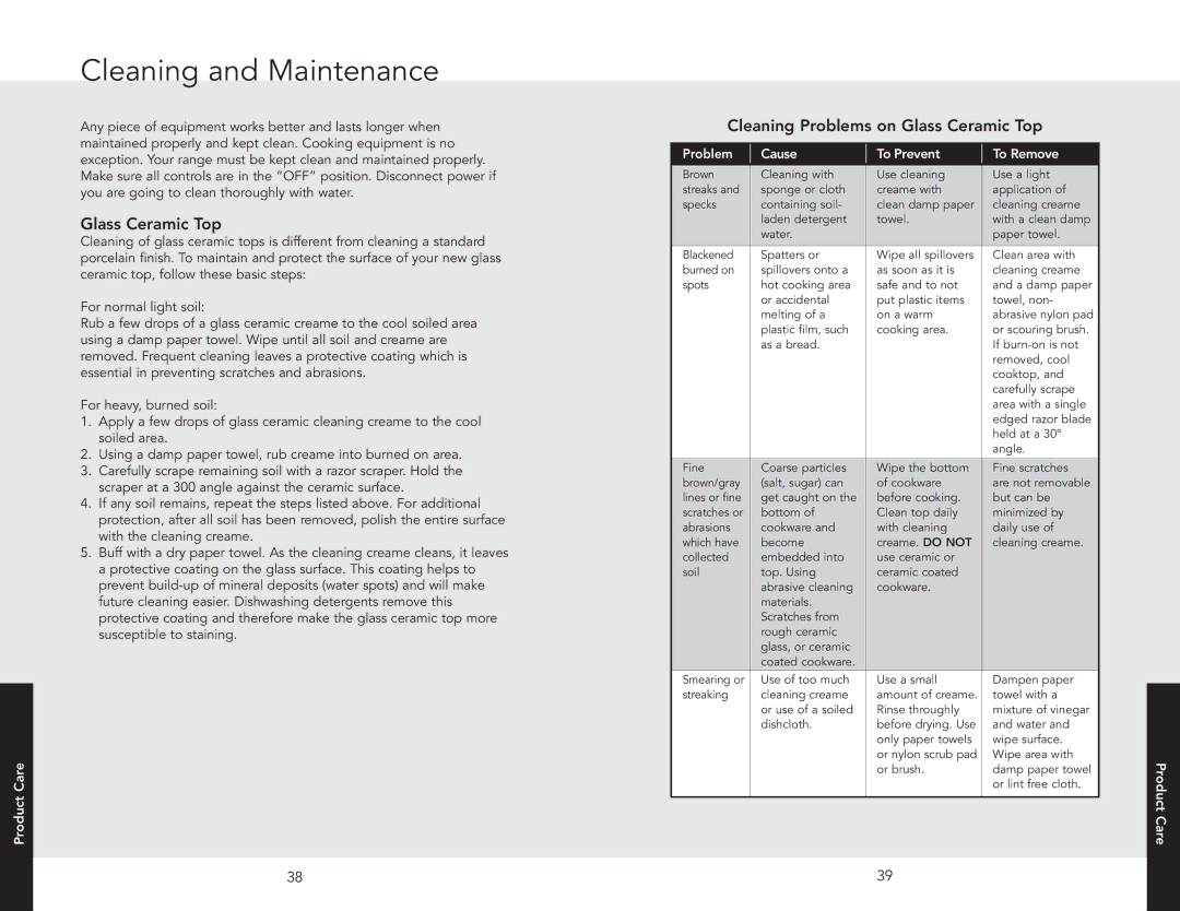 Viking F20654 manual Cleaning and Maintenance, Cleaning Problems on Glass Ceramic Top, Product Care 