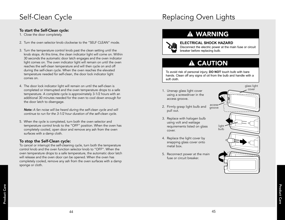 Viking F20654 manual Replacing Oven Lights, To start the Self-Clean cycle, To stop the Self-Clean cycle 