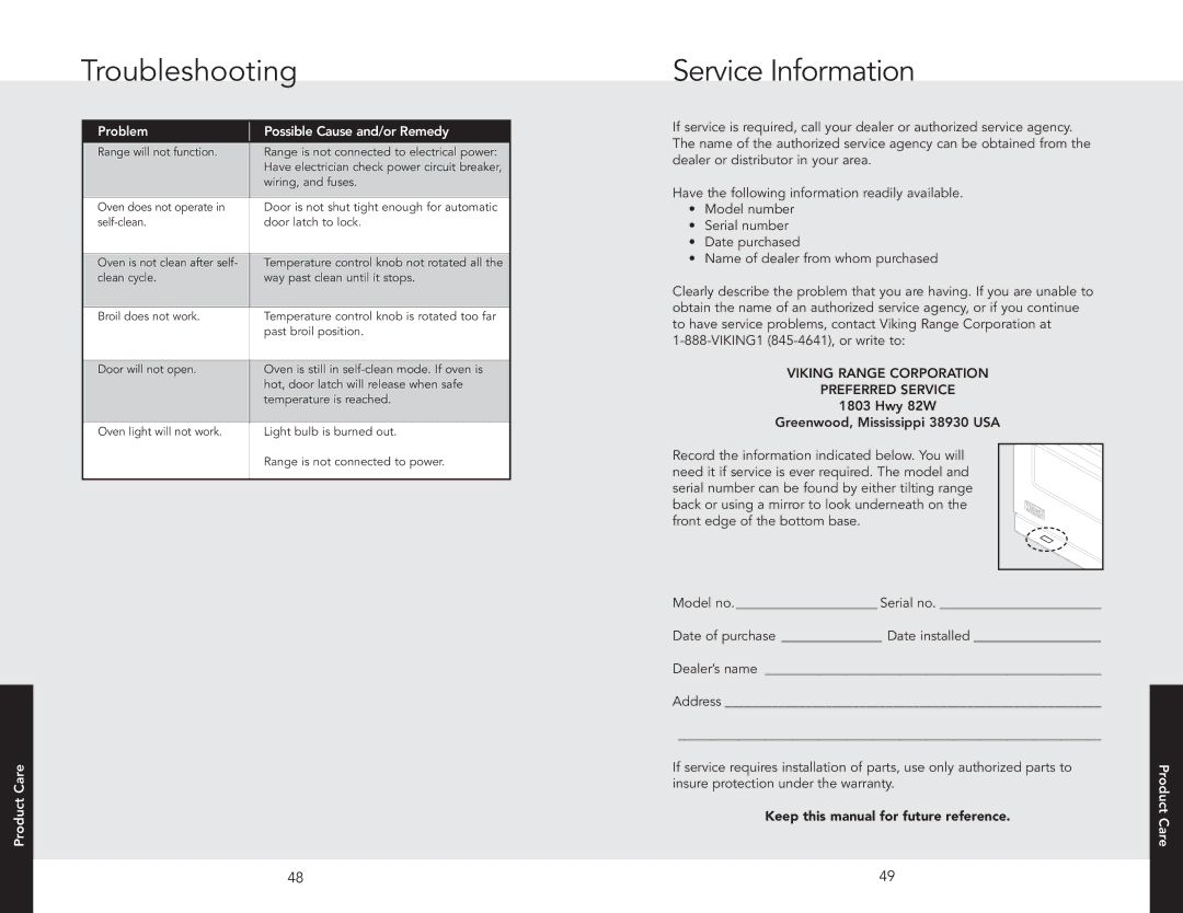 Viking F20654 manual Troubleshooting, Service Information, Problem Possible Cause and/or Remedy, Care 