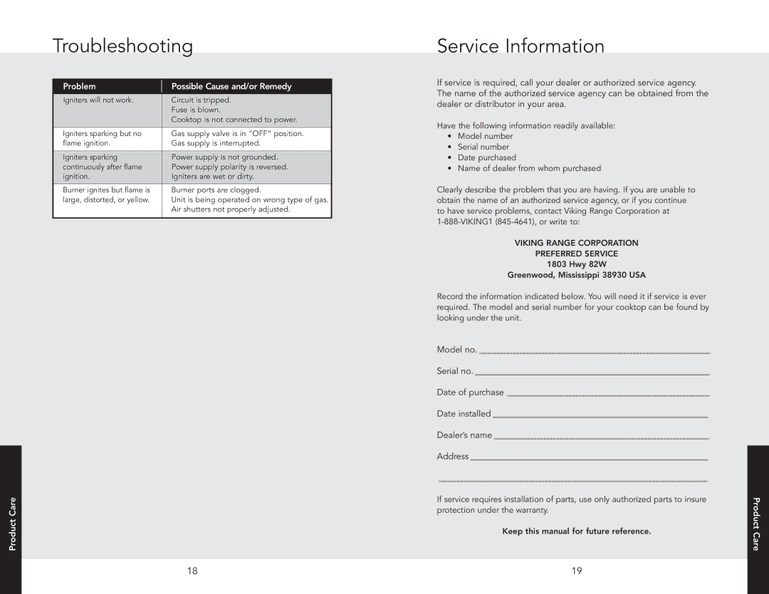 Viking 033111, F20679C, DGVU2004BSS manual Troubleshooting, Service Information, Problem Possible Cause and/orRemedy, Care 