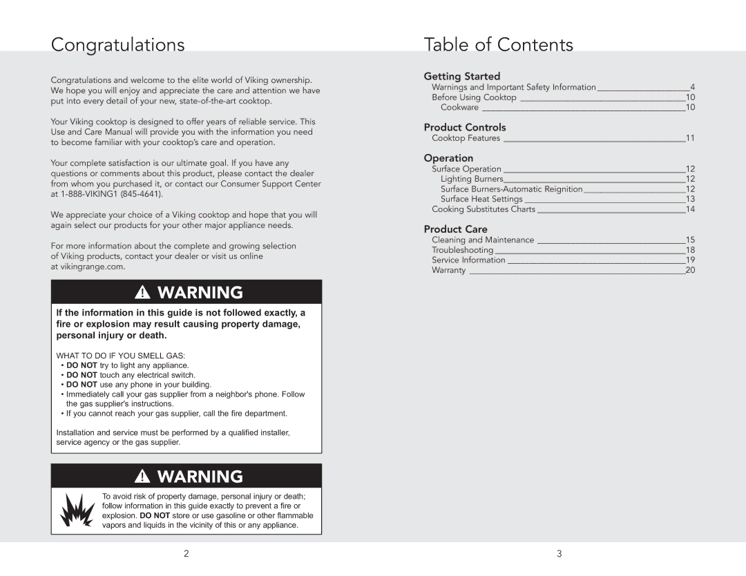 Viking 033111, F20679C, DGVU2004BSS manual Congratulations, Table of Contents 