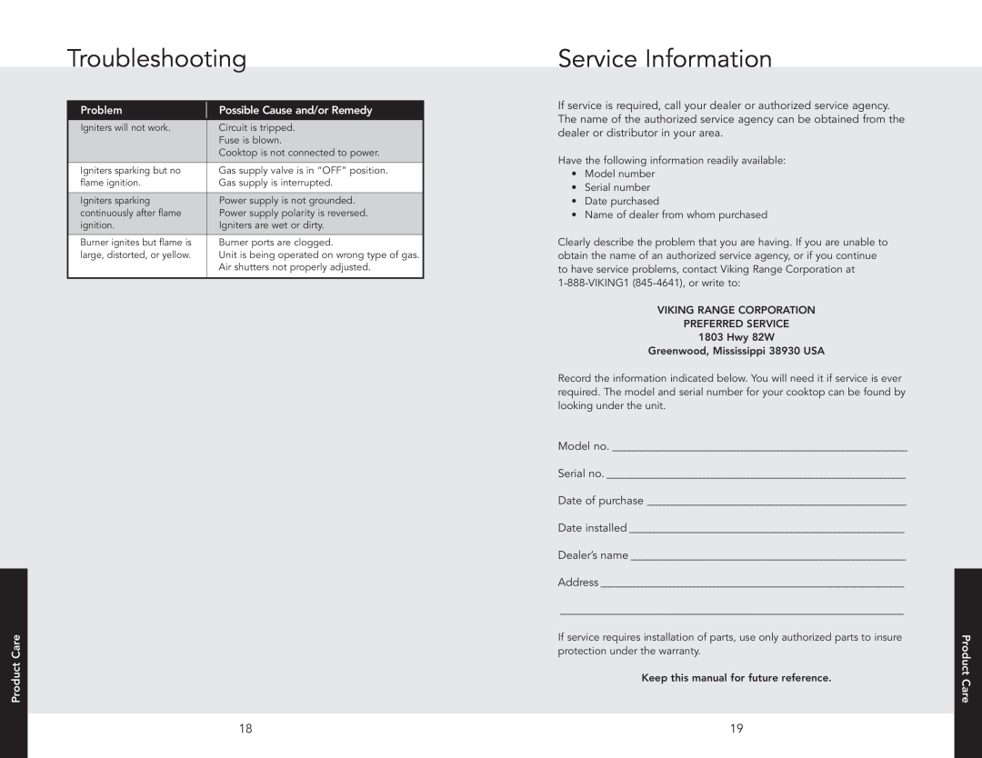 Viking 033111, F20679C, DGVU2004BSS manual Troubleshooting, Service Information 