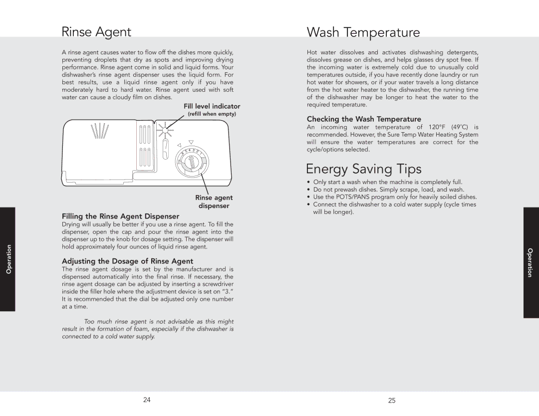 Viking F20696A EN manual Rinse Agent, Wash Temperature, Energy Saving Tips 