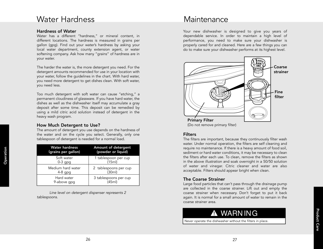 Viking F20696A EN manual Water Hardness, Maintenance 