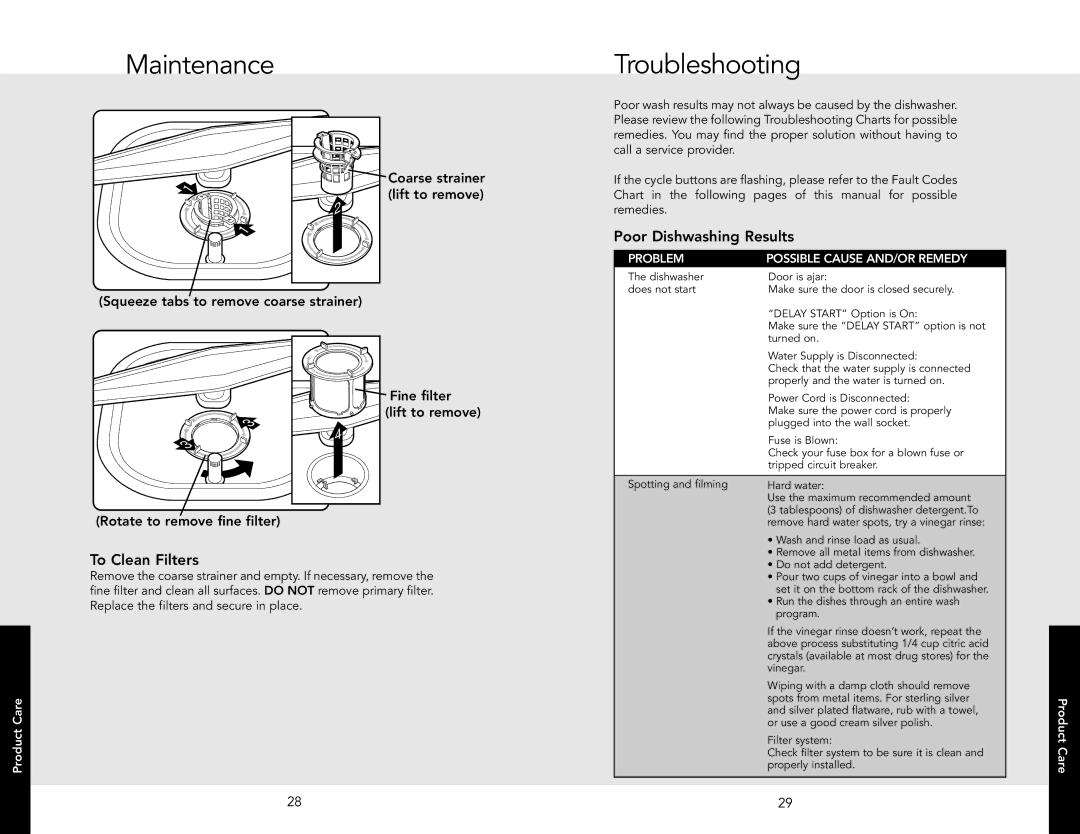 Viking F20696A EN manual Troubleshooting, To Clean Filters, Poor Dishwashing Results 