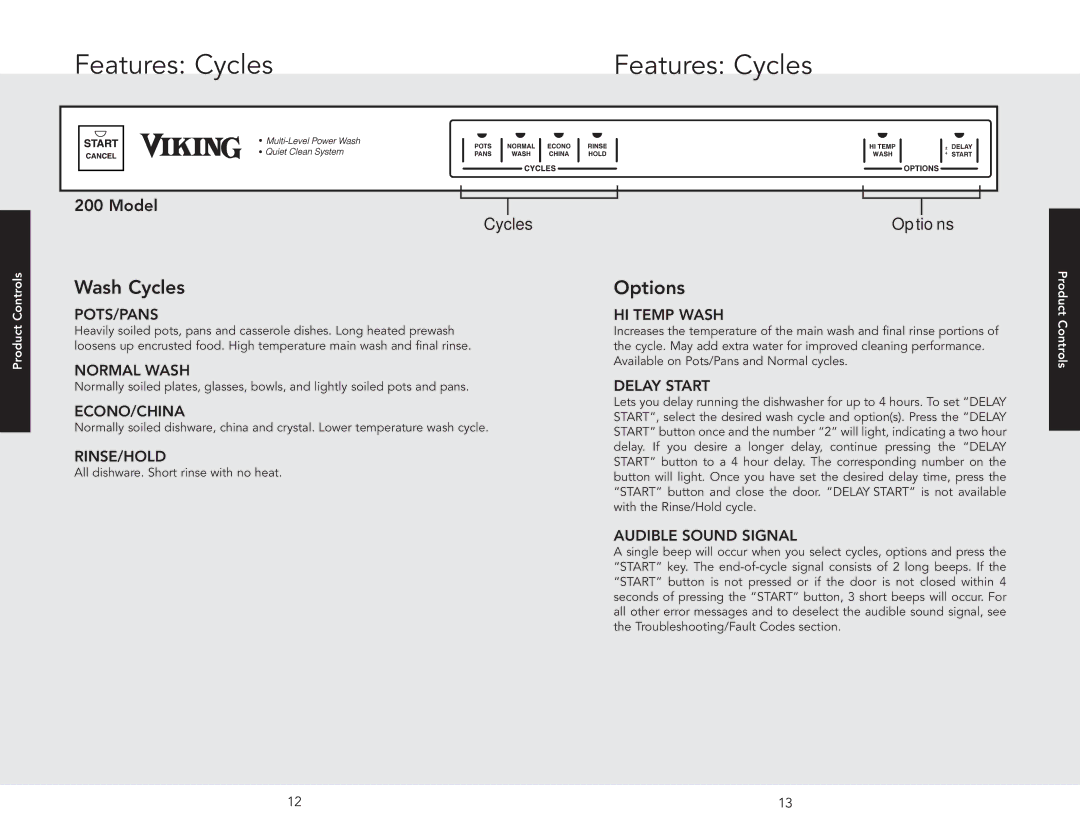 Viking F20696A EN manual Features Cycles, Wash Cycles 