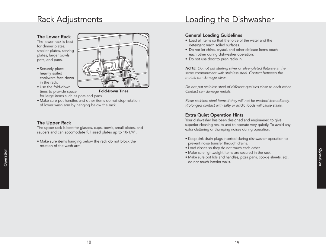 Viking F20696A EN Rack Adjustments, Loading the Dishwasher, The Lower Rack, The Upper Rack, General Loading Guidelines 