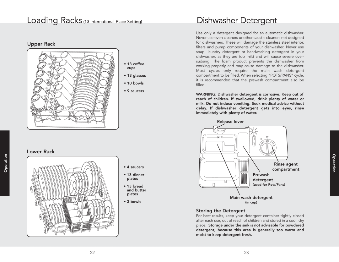 Viking F20696A EN manual Dishwasher Detergent, Storing the Detergent, Upper Rack, Lower Rack, Operation 