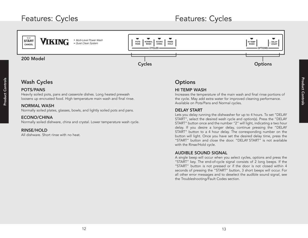 Viking F20696A EN Features Cycles, Model Cycles, Options, Pots/Pans, Normal Wash, Econo/China, Rinse/Hold, Hi Temp Wash 
