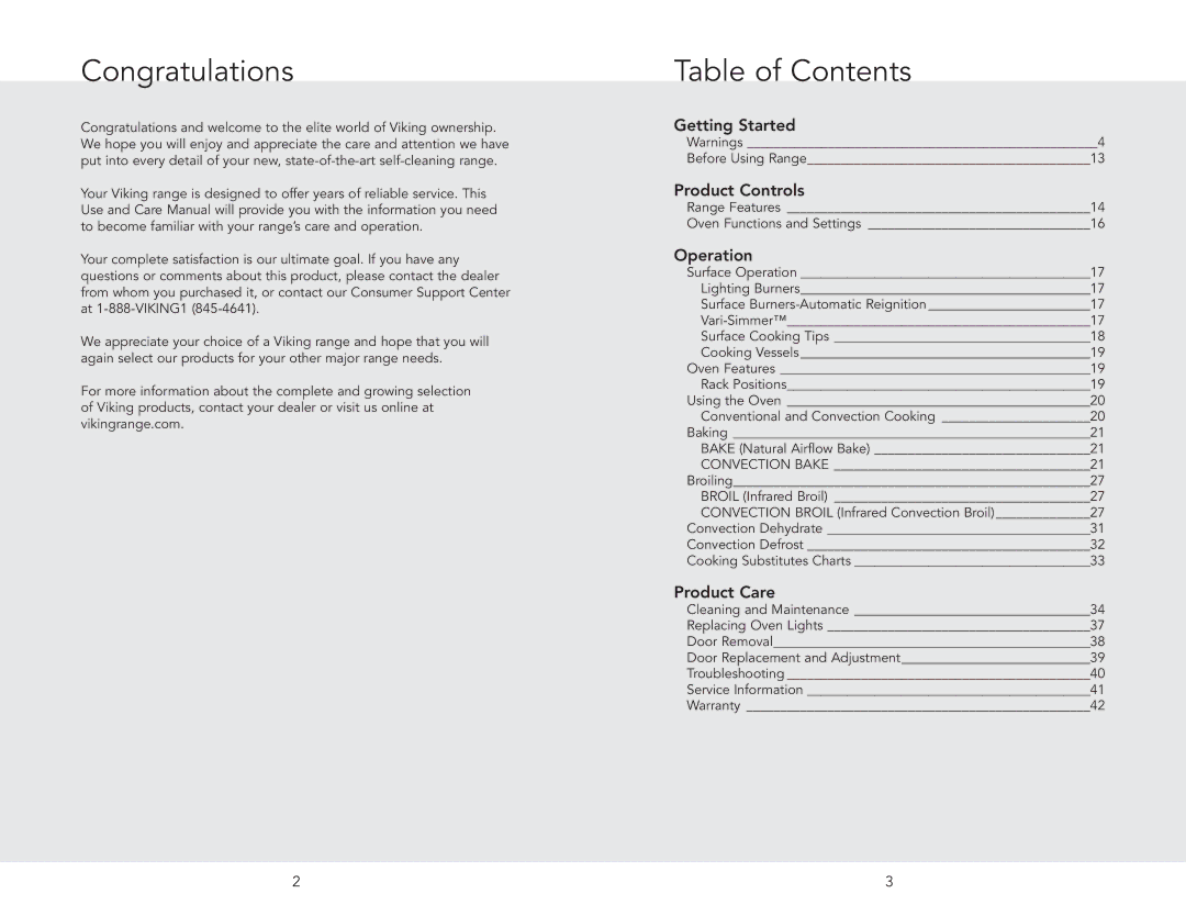 Viking F20705A EN manual Congratulations, Table of Contents 