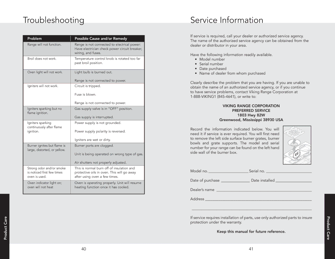 Viking F20705A EN manual Troubleshooting, Service Information, Problem Possible Cause and/orRemedy 