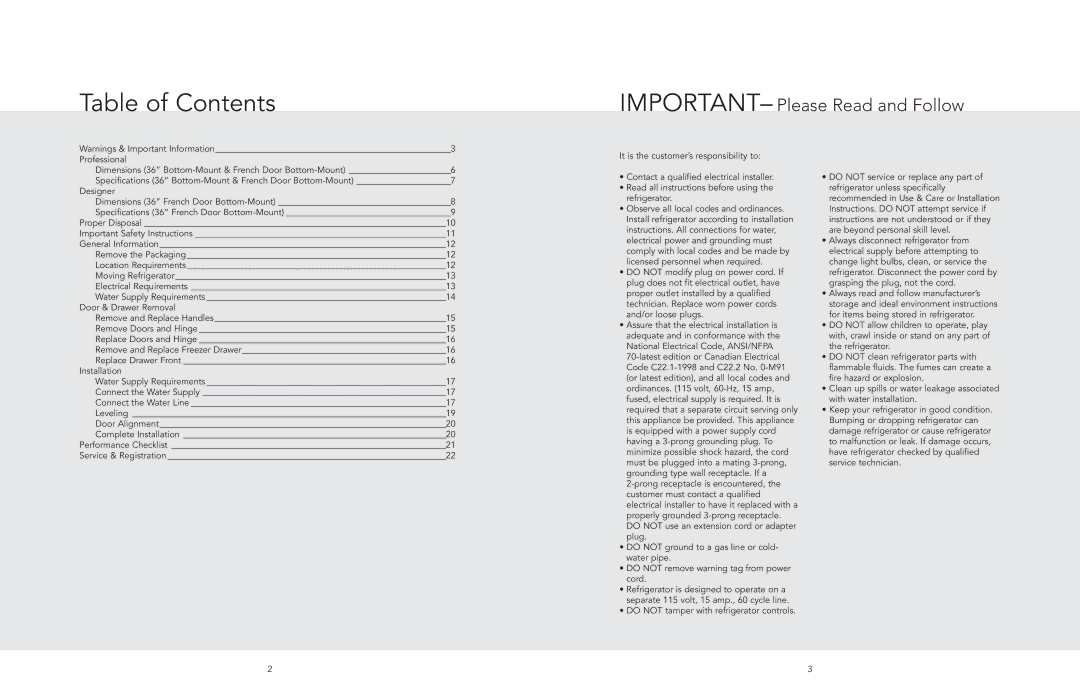 Viking F20712C EN W10345055 (093010) manual Table of Contents 