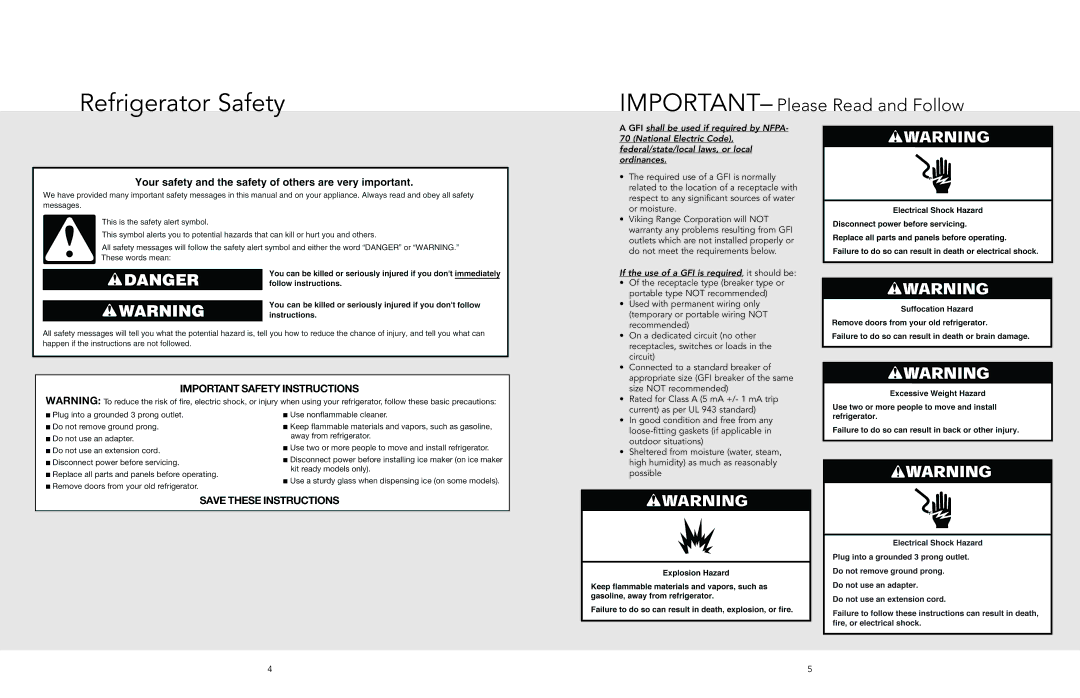 Viking F20712C EN W10345055 (093010) manual Refrigerator Safety 