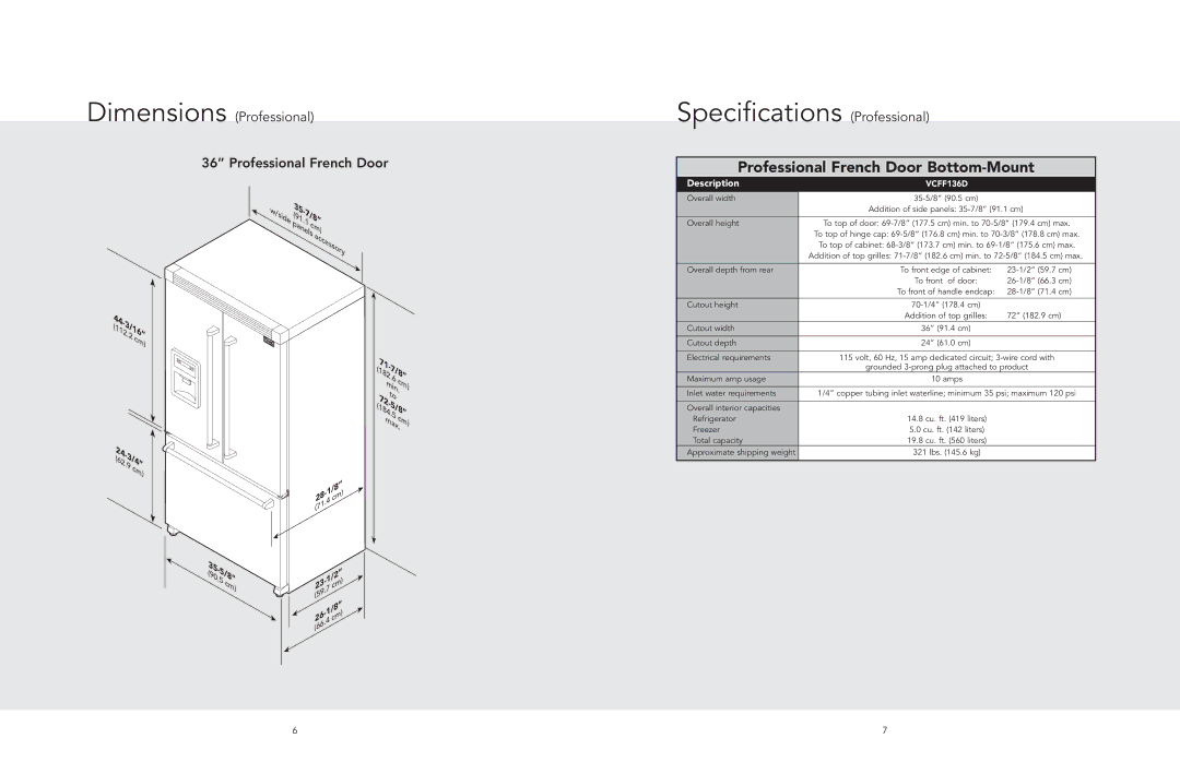 Viking F20712C EN W10345055 (093010) manual Specifications Professional, Professional French Door Bottom-Mount 